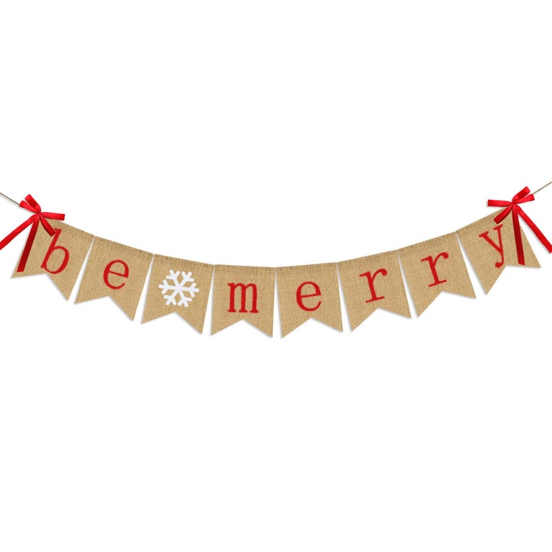 Partyprops Be Merry Burlap Banner | Christmas Banner with Snowflake Sign | Christmas Decoration | Rustic Christmas Decor for Mantle Fireplace Xmas Party Holiday Supplies Decoration | Outdoor Indoor Hanging Decor - Image 1